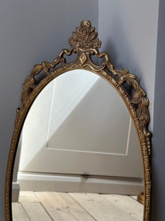 Antique French Gilt Oval Brass Mirror, Rococo Style, Shell Crest, 1910