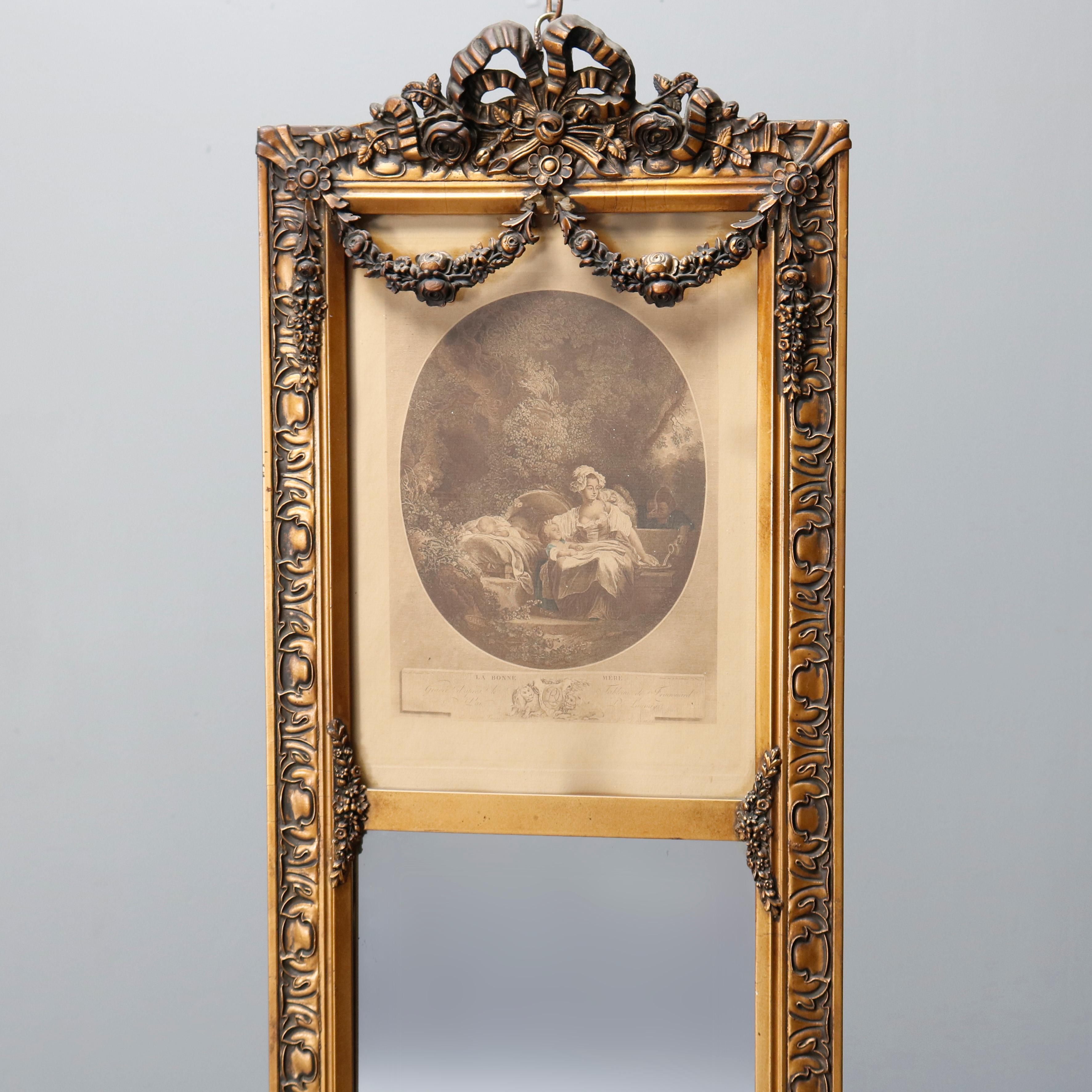 An antique French trumeau hall mirror offers giltwood frame with foliate garland and bow crest with upper housing etching of of a mother and children after LA BONNE MERE (The Good Mother) by Jean-Honoré Fragonard and lower housing a dressing mirror,