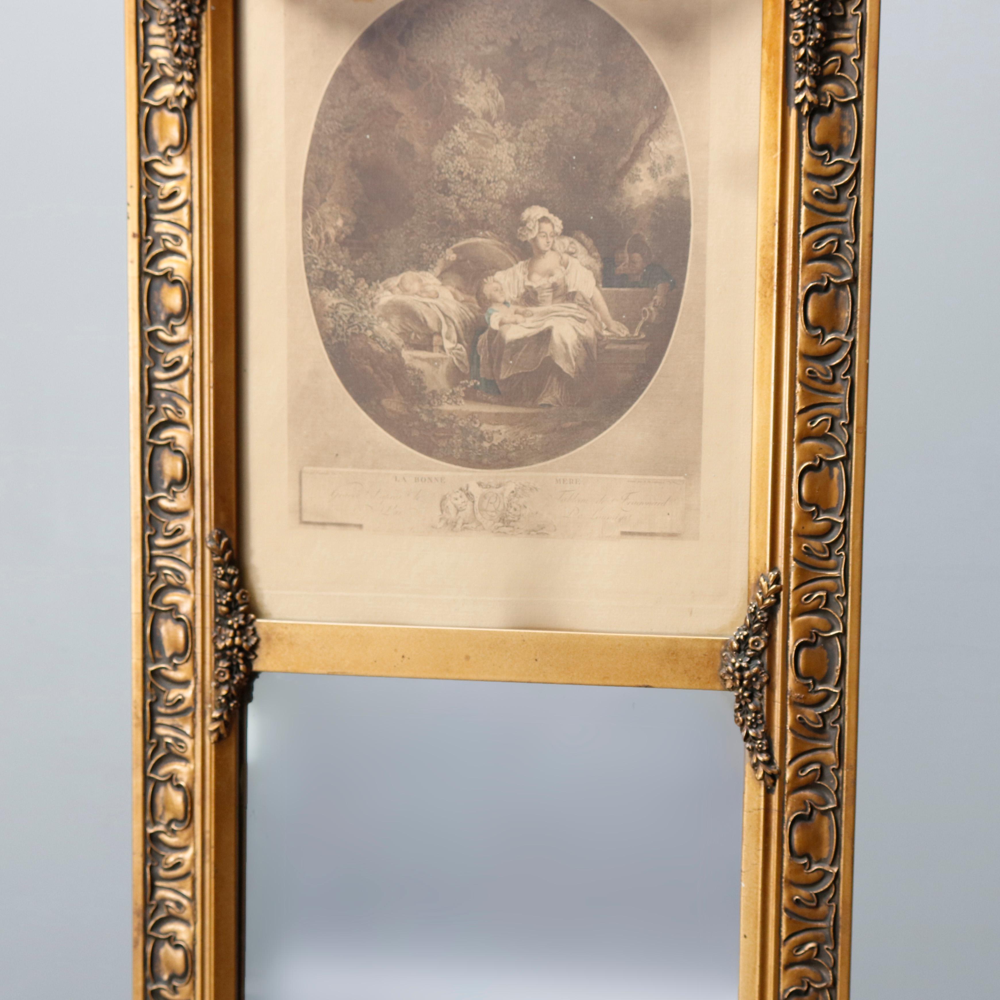 Rococo Antique French Gilt Trumeau Hall Mirror with La Bonne Mere Etching, 19th Century