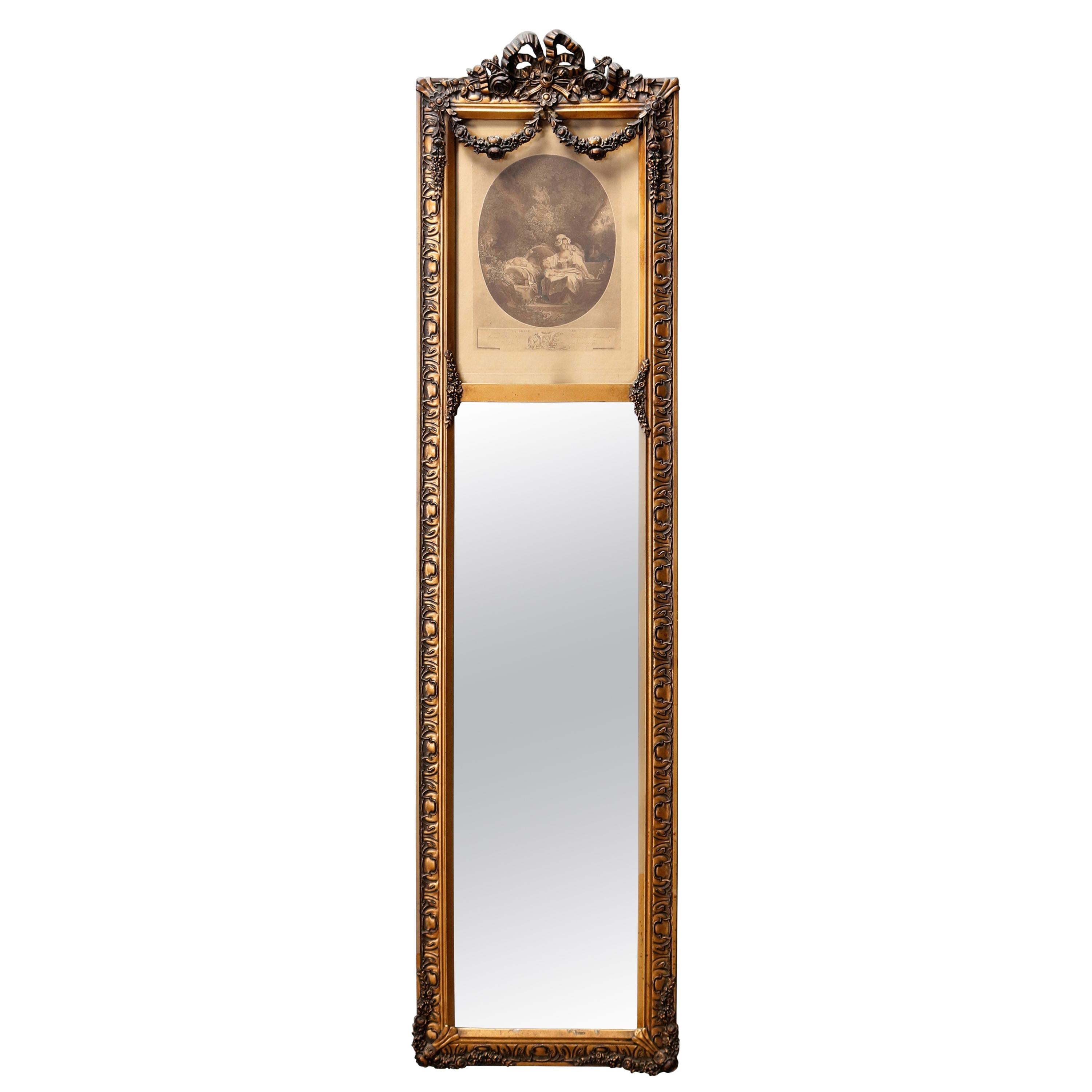 Antique French Gilt Trumeau Hall Mirror with La Bonne Mere Etching, 19th Century