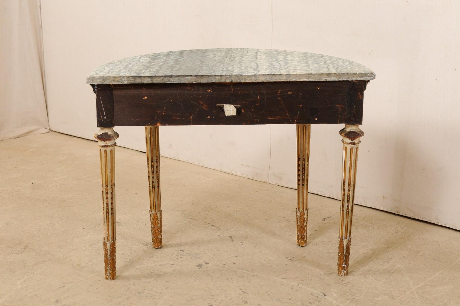Antique French Giltwood Demilune Table with Pierce Carved Skirt and Marble Top 4