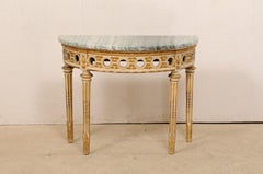 Antique French Giltwood Demilune Table with Pierce Carved Skirt and Marble Top