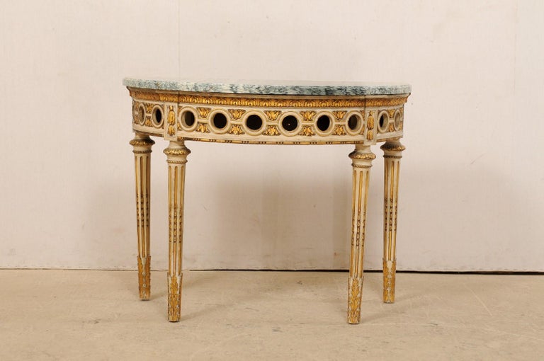 Antique French Giltwood Demilune Table with Pierce Carved Skirt and