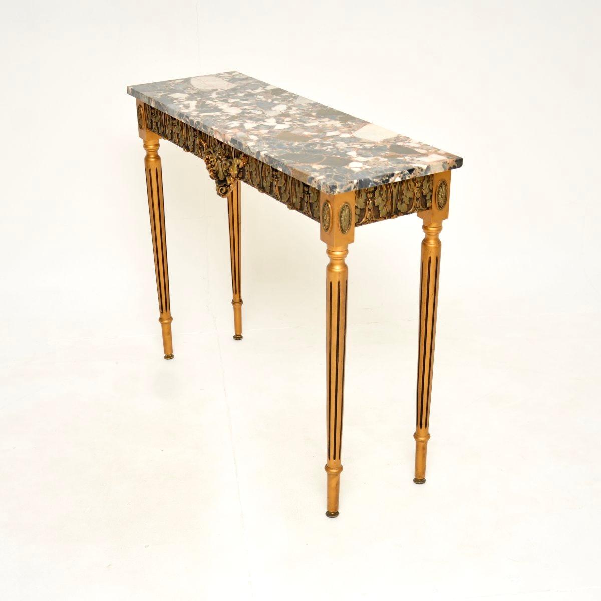Louis XIV Antique French Gilt Wood Marble Top Console Table For Sale