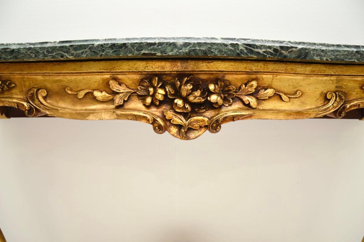 Consola de madera dorada francesa antigua con tapa de mármol en Bueno estado para la venta en London, GB