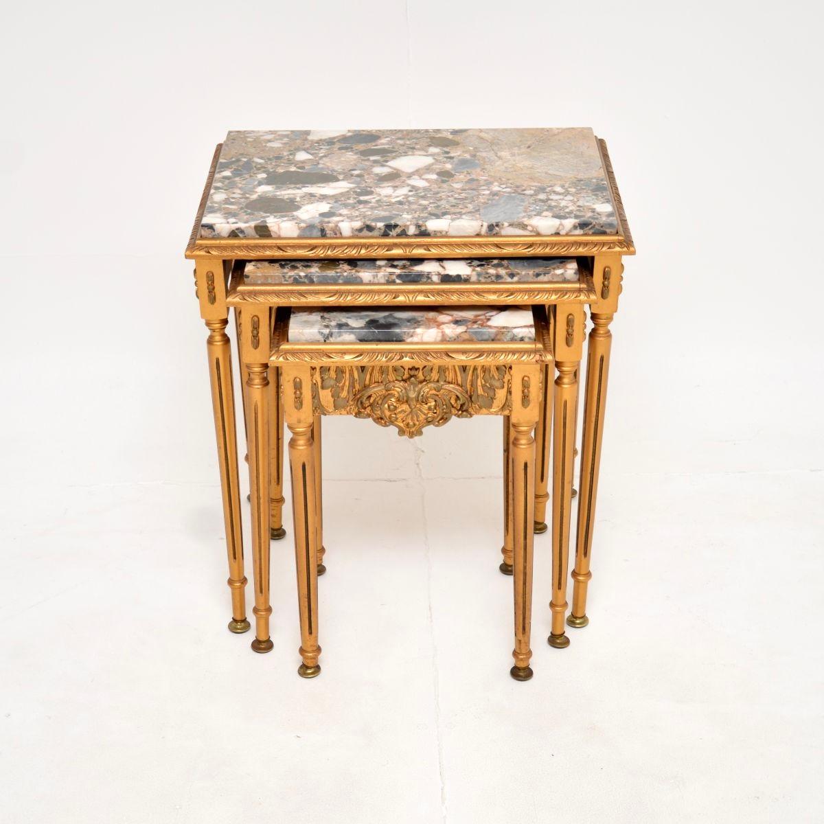 Louis XIV Antique French Gilt Wood Marble Top Nest of Tables For Sale
