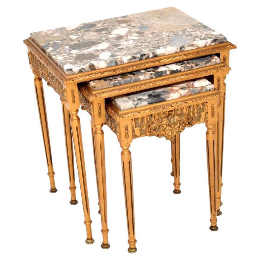 Antique French Gilt Wood Marble Top Nest of Tables For Sale
