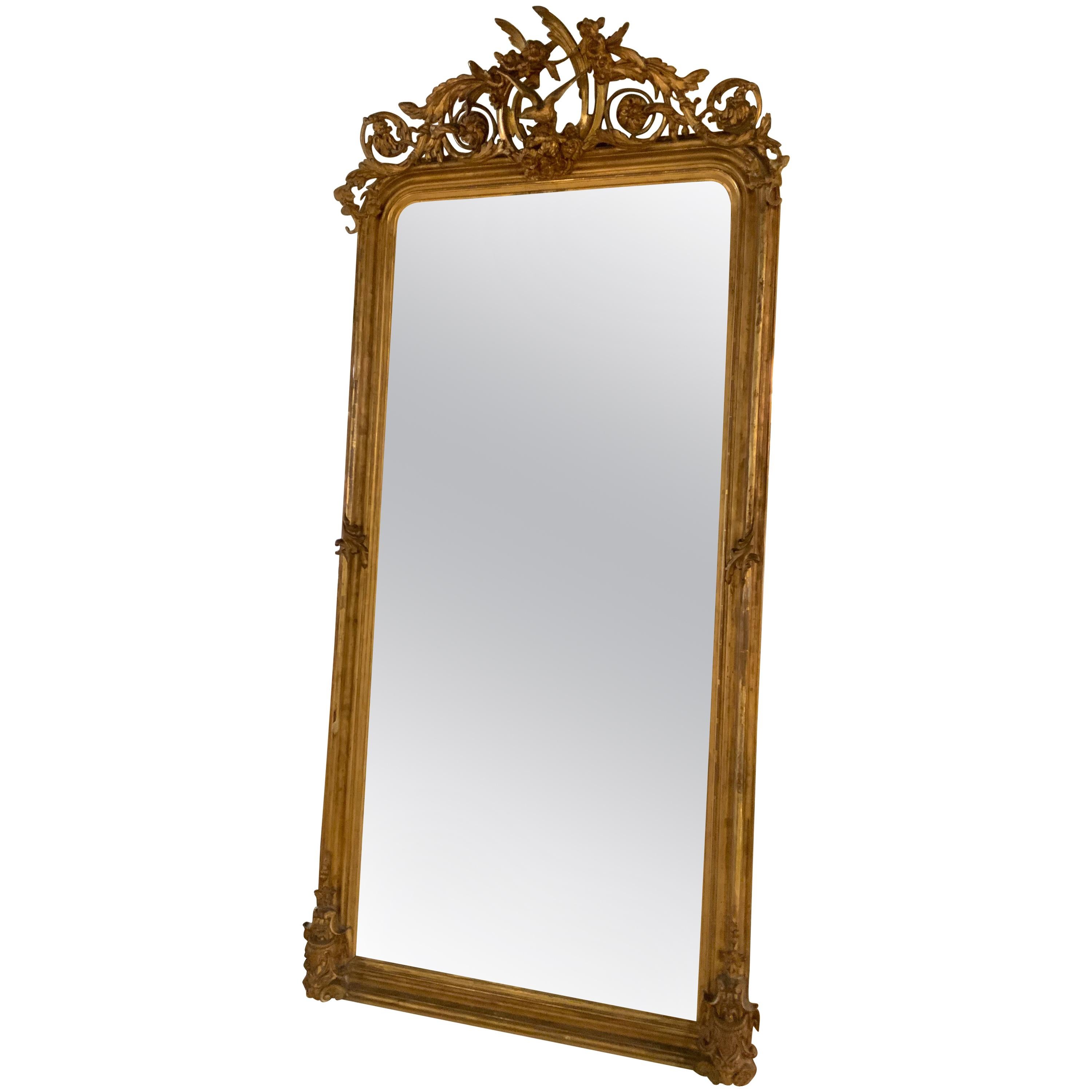 Antique French Giltwood Mirror with Carved Bird at the Crest, circa 1890