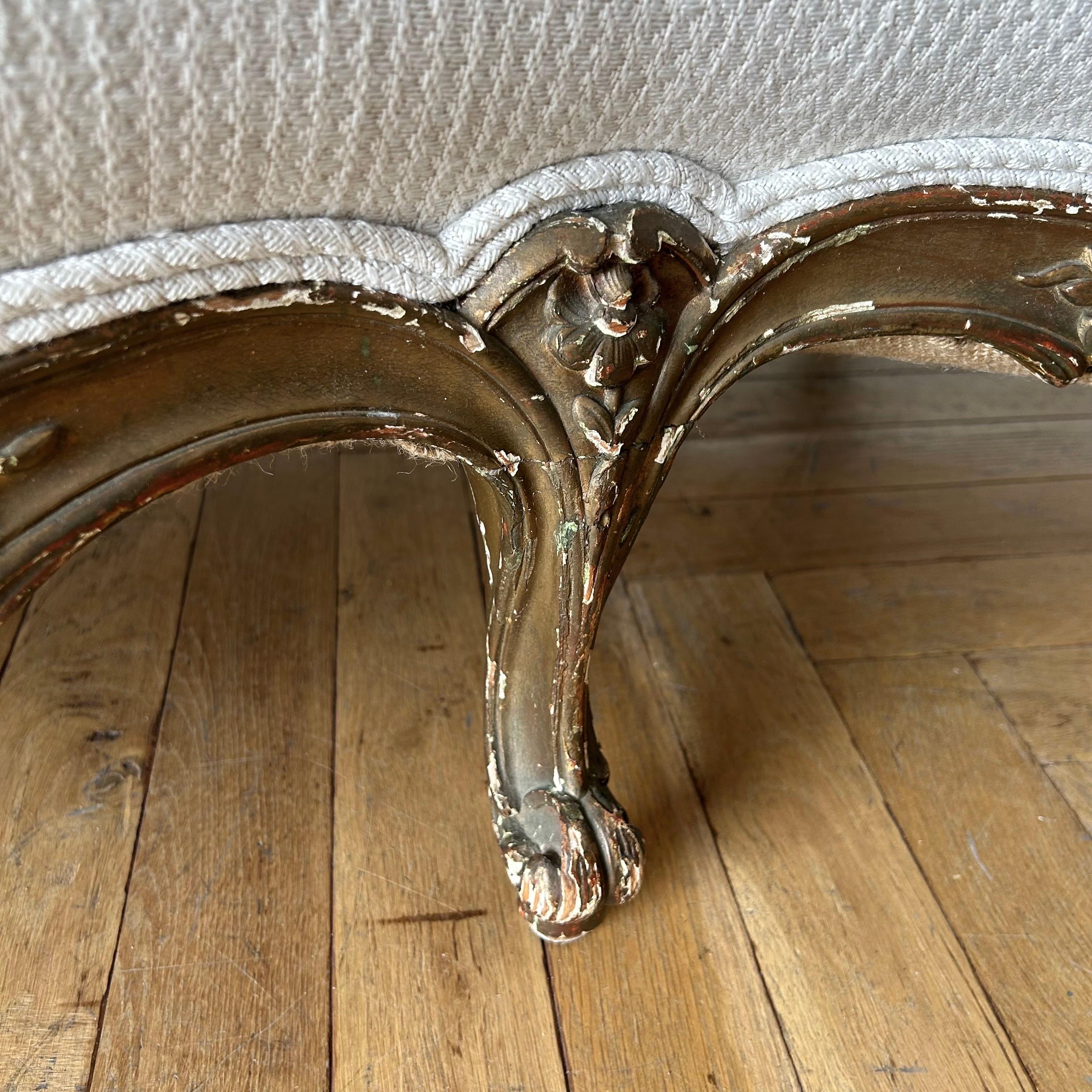 Antique French Gilt Wood Settee Upholstered in Antique White Wool and Cashmere For Sale 11
