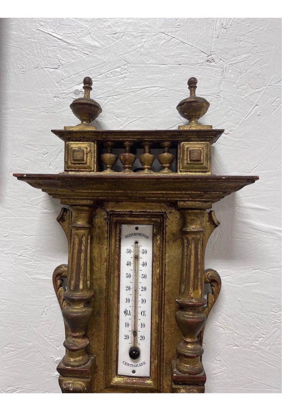 Antique French Gilt Wood Wall Mounted Thermometer / Barometer In Good Condition For Sale In Atlanta, GA