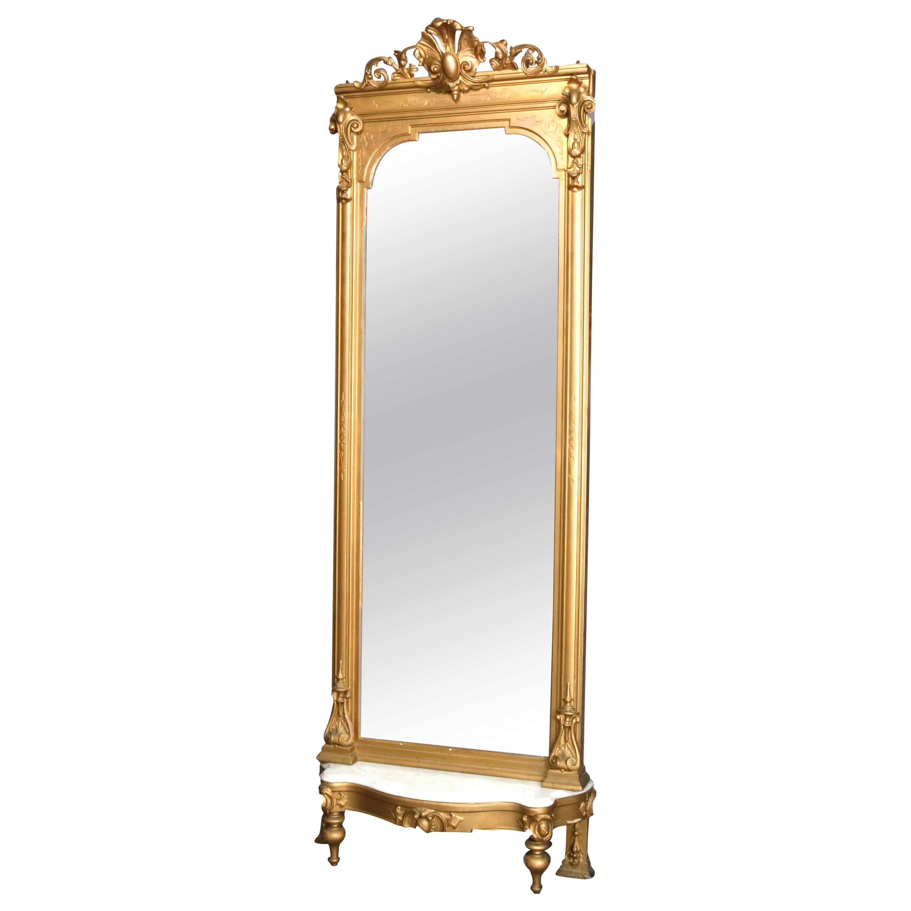 Antique French Giltwood and Marble Pier Mirror, 19th Century