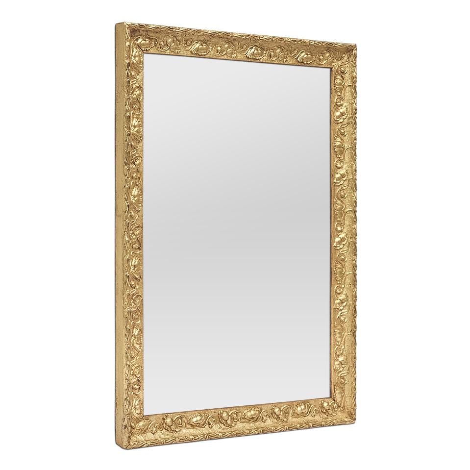 Antique French Art Deco gilded mirror, circa 1930. Decorated with a poppy flowers frieze. Antique frame re-gilding with leaf. Frame width: 3.5 cm / 1.37 in. Modern glass mirror. Wood back.