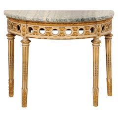 Antique French Giltwood Demilune Table with Pierce Carved Skirt and Marble Top