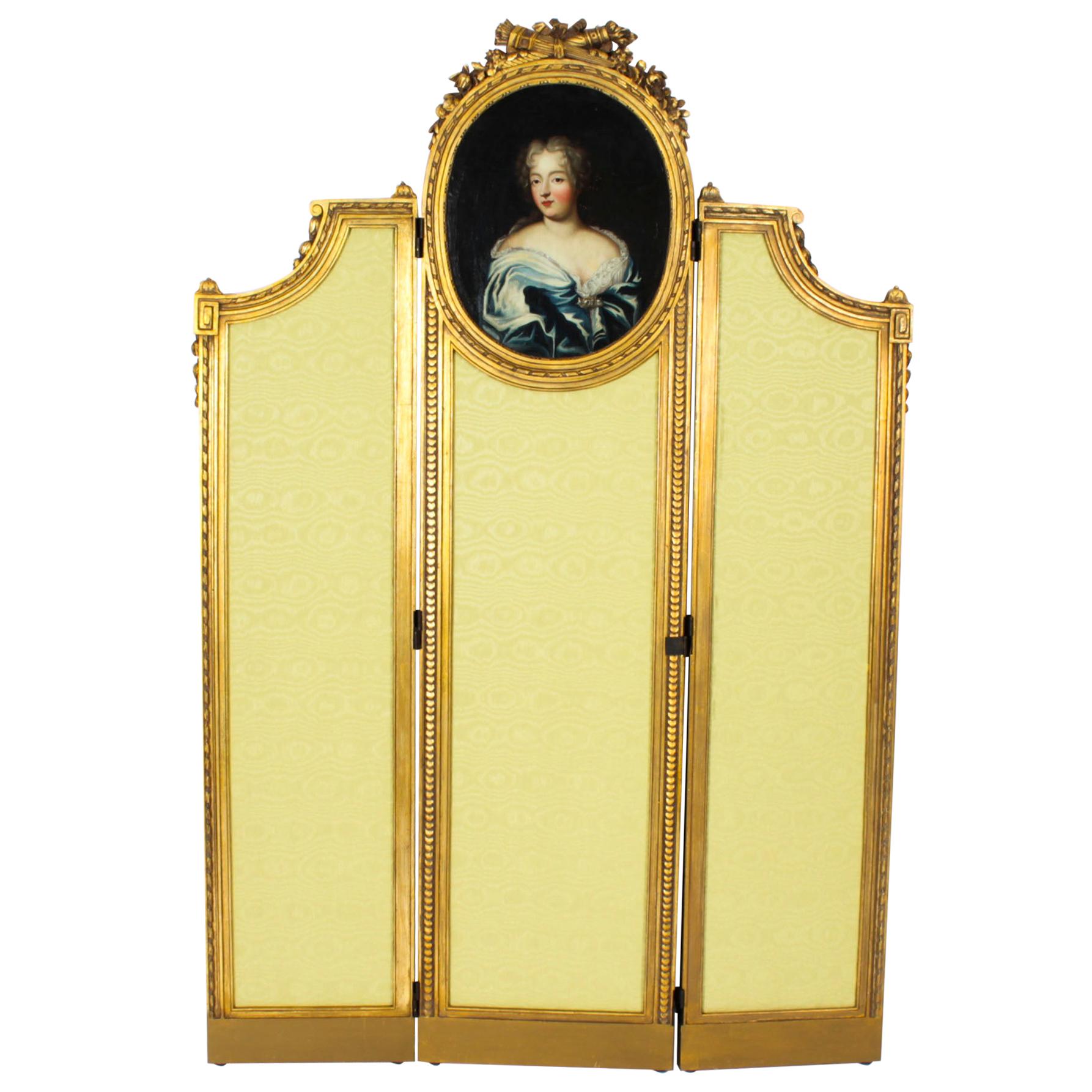 Antique French Giltwood Dressing Screen with Oil Painting Portrait, 19th Century