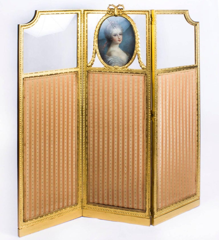Antique French Giltwood Dressing Screen with Pastel Portrait 19th