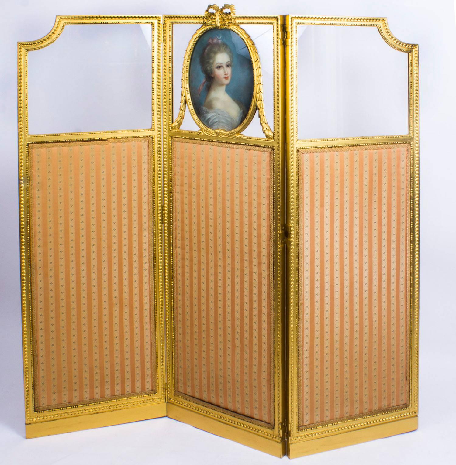 Antique French Giltwood Dressing Screen with Pastel Portrait 19th Century 4