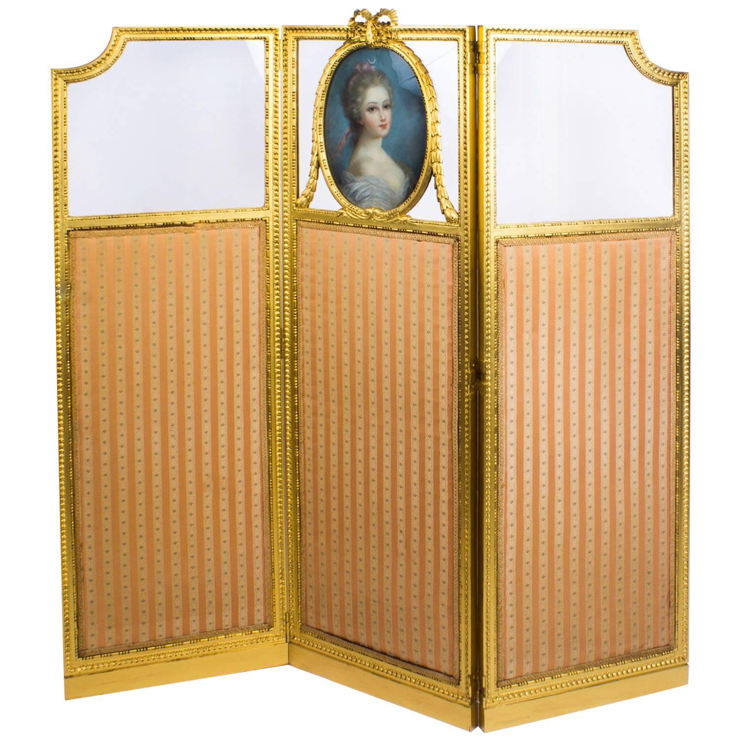 Antique French Giltwood Dressing Screen with Pastel Portrait 19th Century