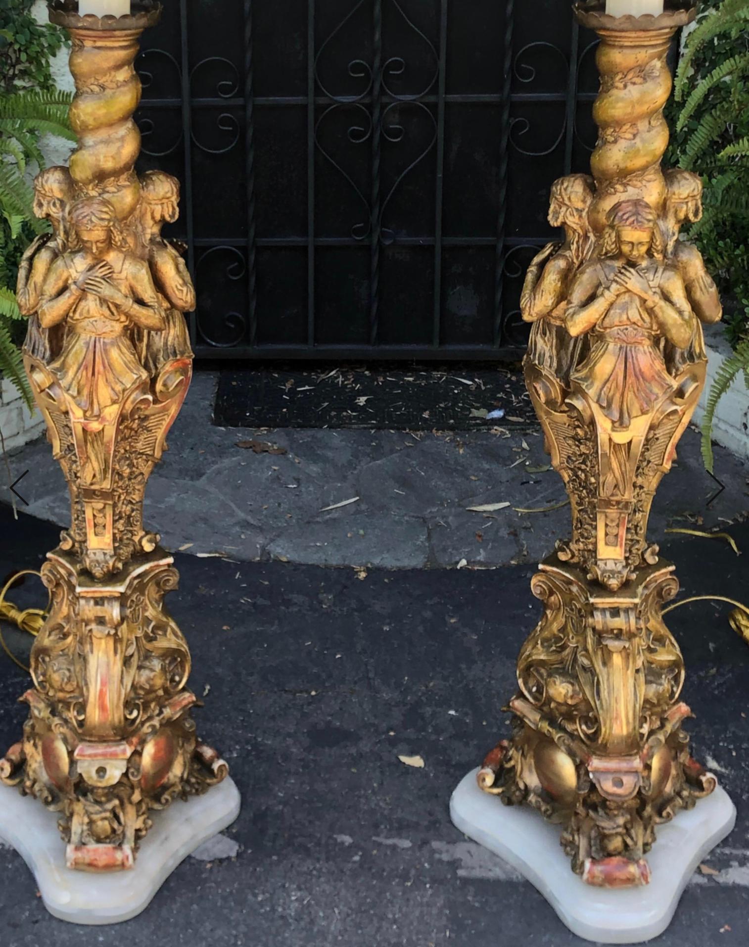 Marble Antique French Giltwood Figural Cathedral Floor Lamps, a Pair For Sale