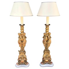Antique French Giltwood Figural Cathedral Floor Lamps, a Pair