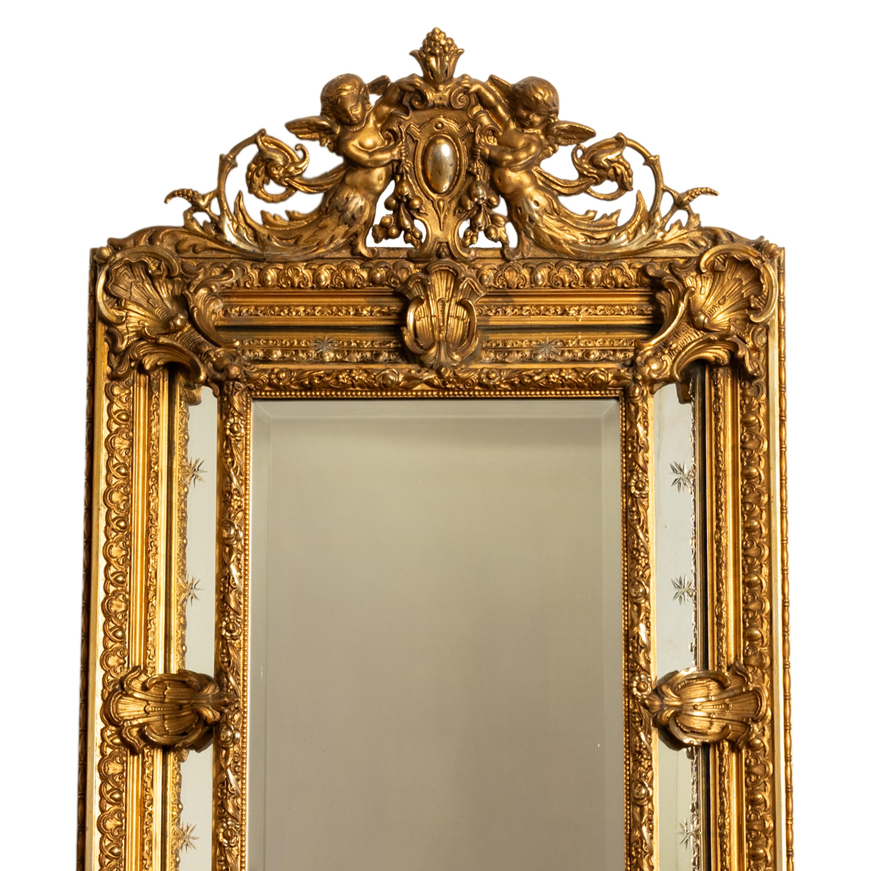 Rococo Revival Antique French Giltwood Neoclassical Rococo Mirror Etched Stars Cherubs 1870  For Sale