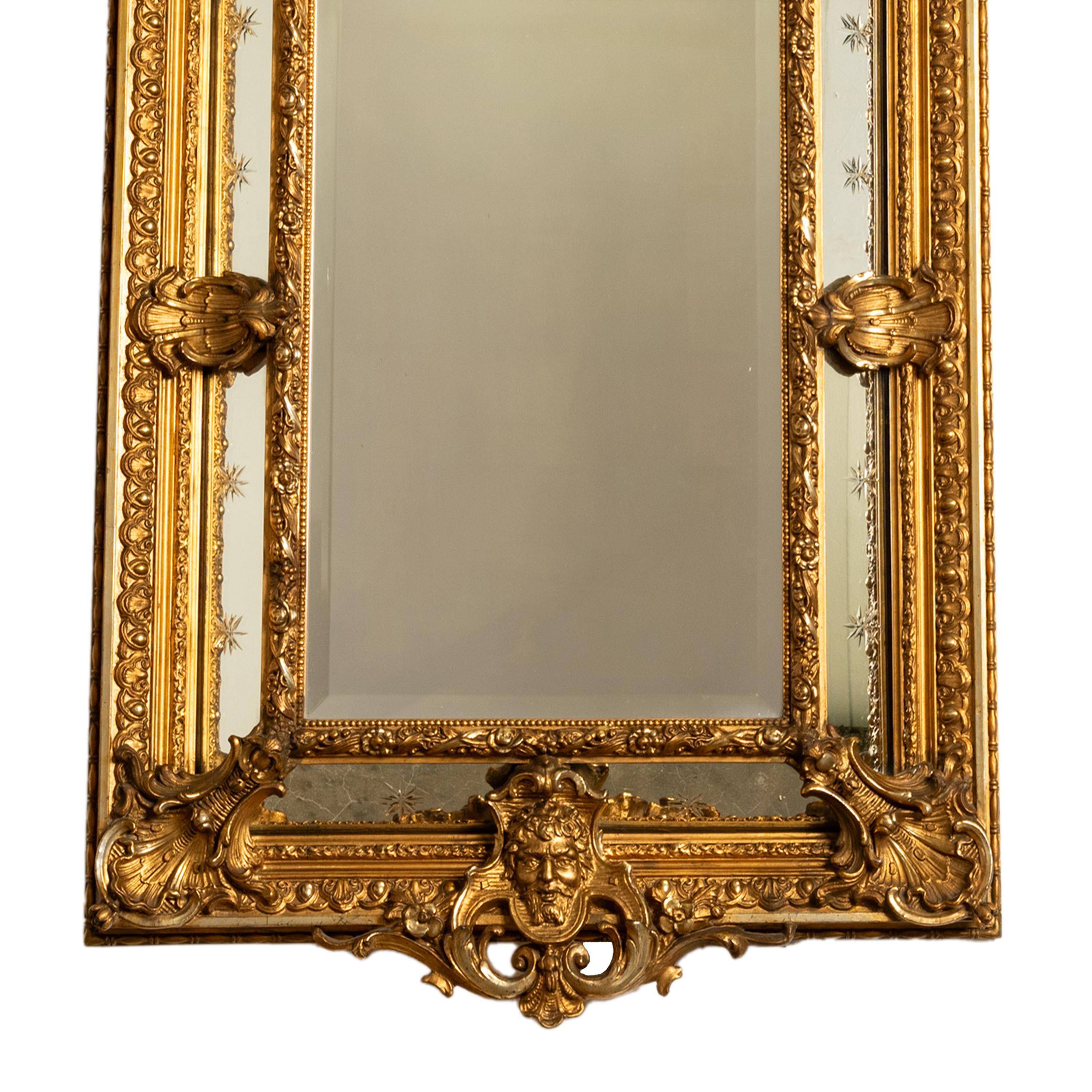 Antique French Giltwood Neoclassical Rococo Mirror Etched Stars Cherubs 1870  In Good Condition For Sale In Portland, OR
