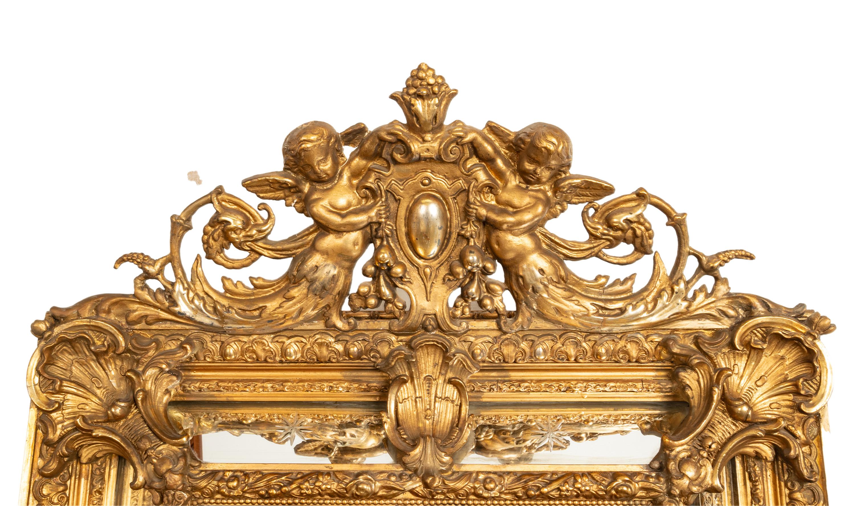 Late 19th Century Antique French Giltwood Neoclassical Rococo Mirror Etched Stars Cherubs 1870  For Sale