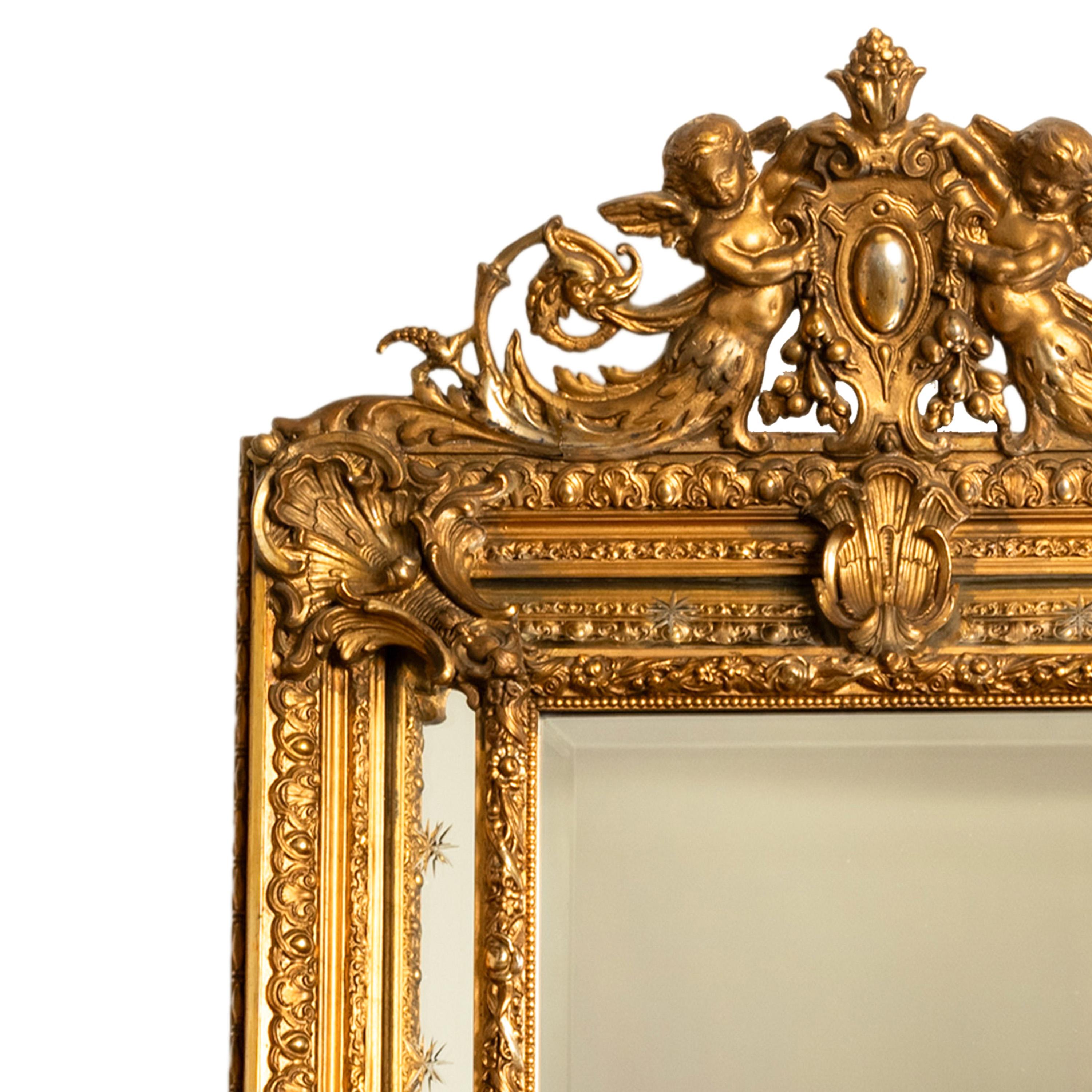 Gold Leaf Antique French Giltwood Neoclassical Rococo Mirror Etched Stars Cherubs 1870  For Sale