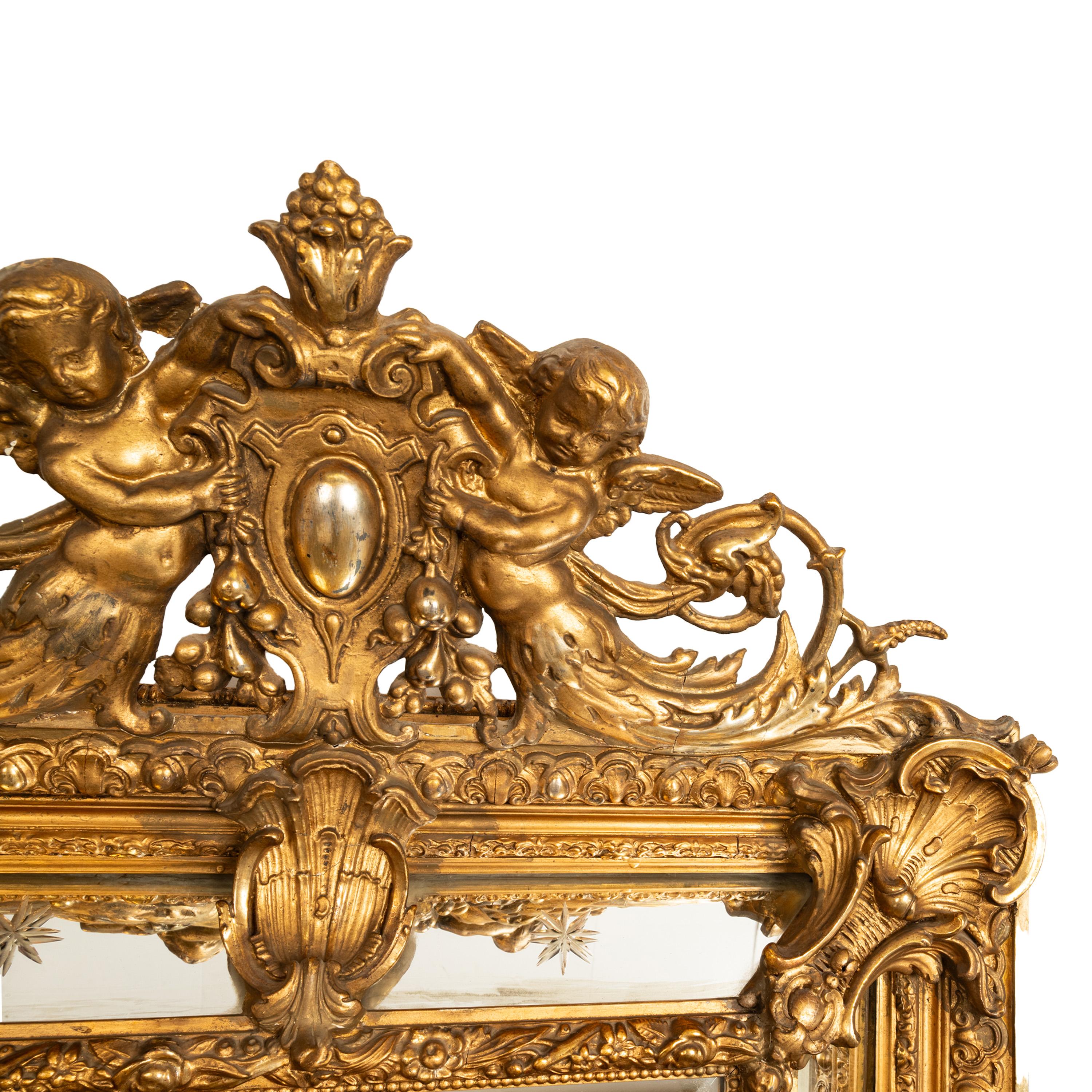 Antique French Giltwood Neoclassical Rococo Mirror Etched Stars Cherubs 1870  For Sale 1