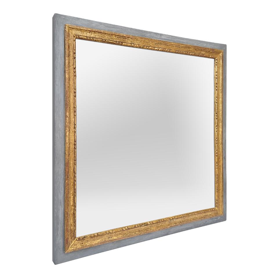 Antique French Louis XVI period mirror, circa 1780. Antique carved giltwood (gildind to the leaf) frame orned with stylised pearls, mounted on an aged patina grey painted woodwork. Antique frame width: 8 cm / 3.14 in. Modern glass mirror. Antique
