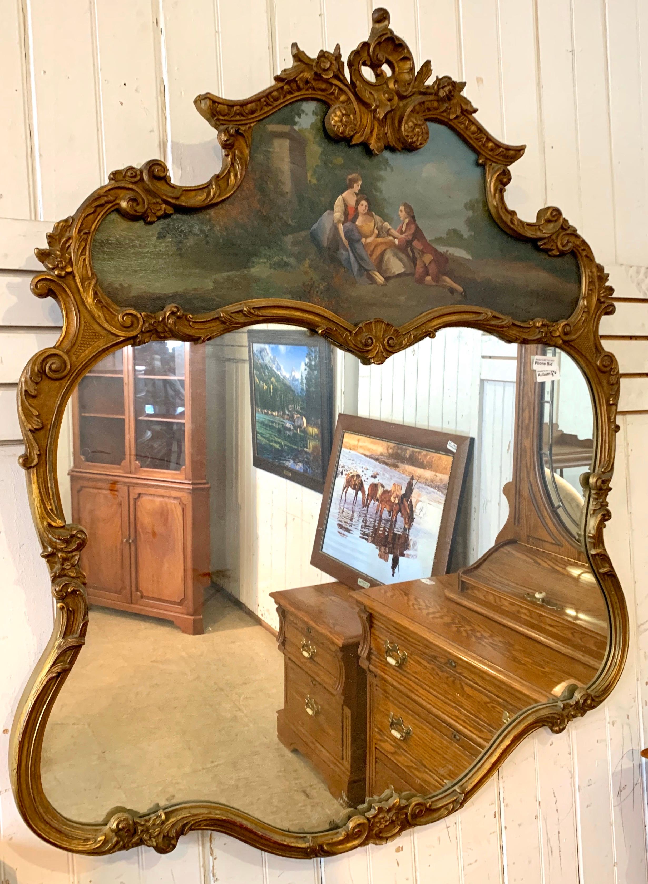 19th Century Antique French Giltwood Trumeau Mirror with Oil Painting
