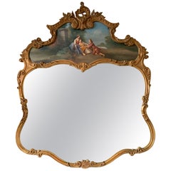 Antique French Giltwood Trumeau Mirror with Oil Painting