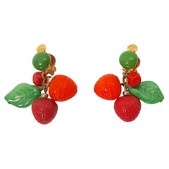Antique France Poured Carved & Lampwork Glass TuttiFrutti Dangle Clip Earrings