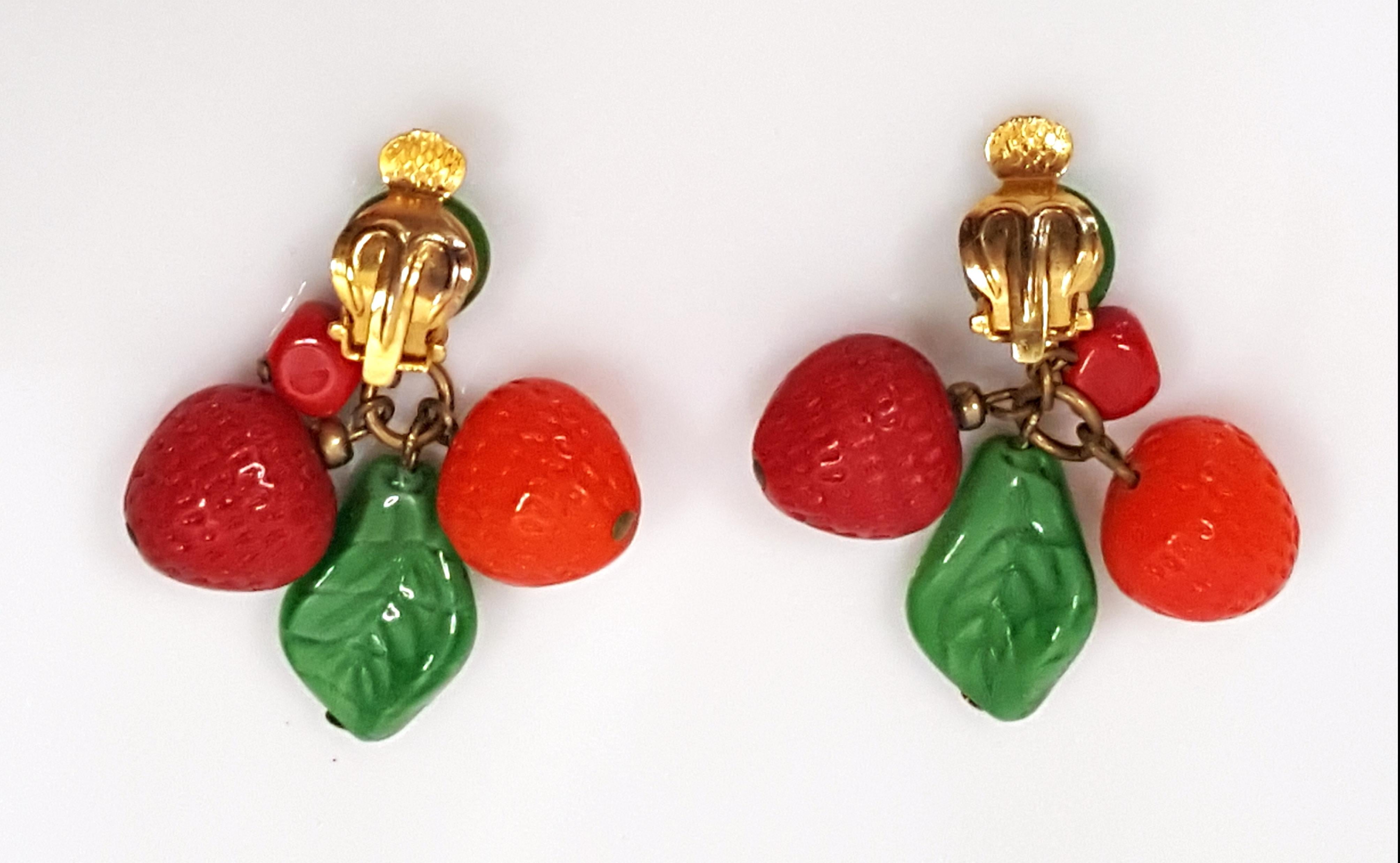 Women's or Men's Antique French LampworkCarvedGlass TuttiFrutti Brass Clip Earrings For Sale