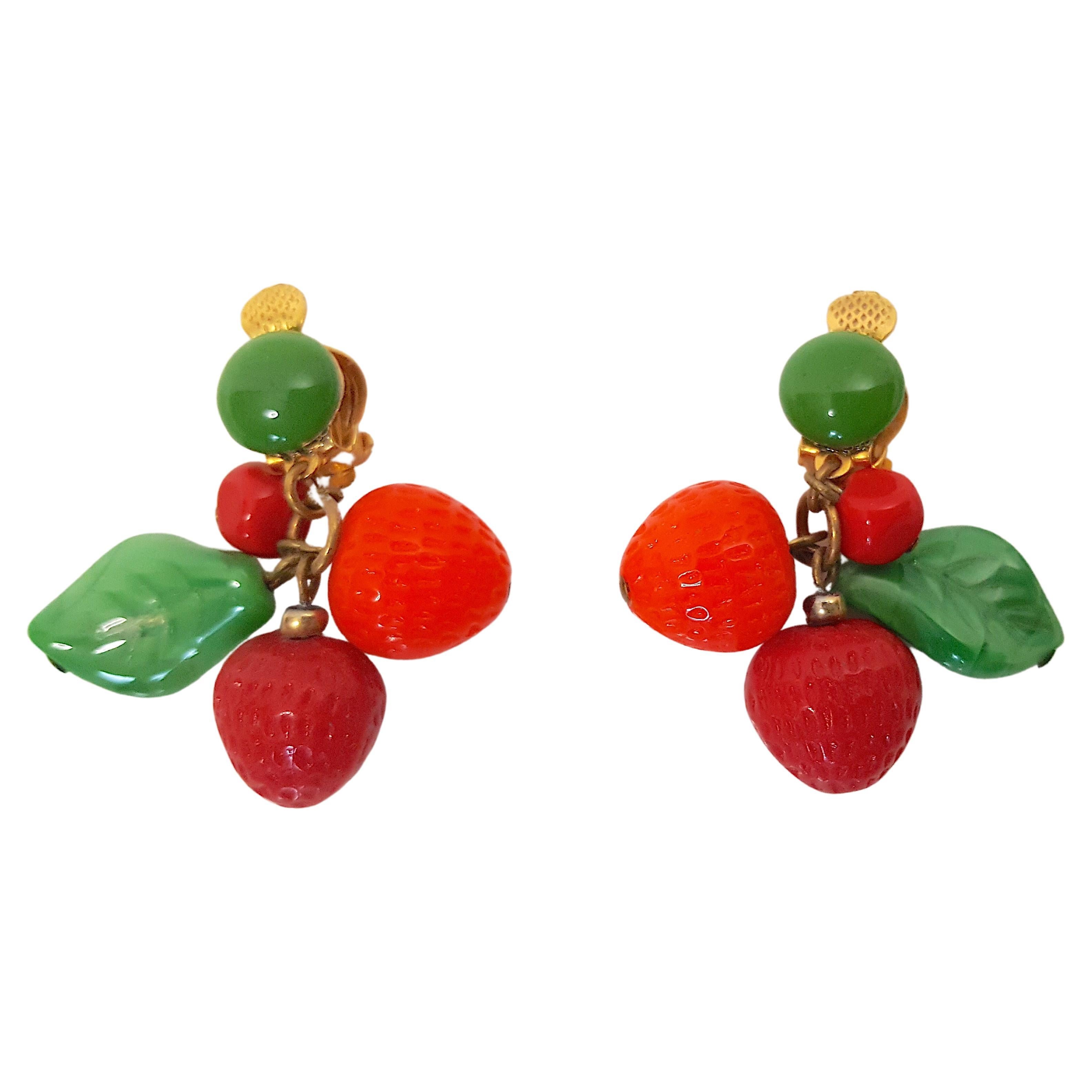 Antique French LampworkCarvedGlass TuttiFrutti Brass Clip Earrings For Sale