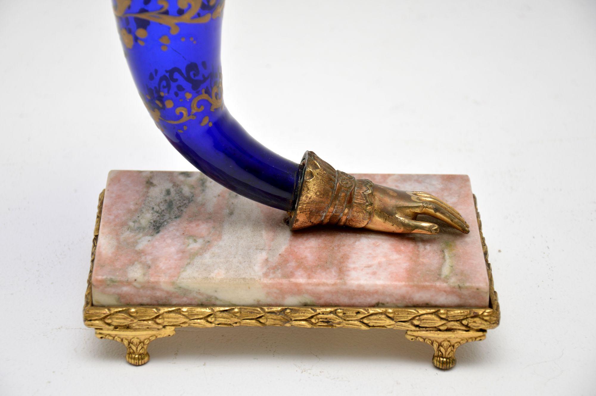 Bronze Antique French Glass & Marble Cornucopia Vase For Sale