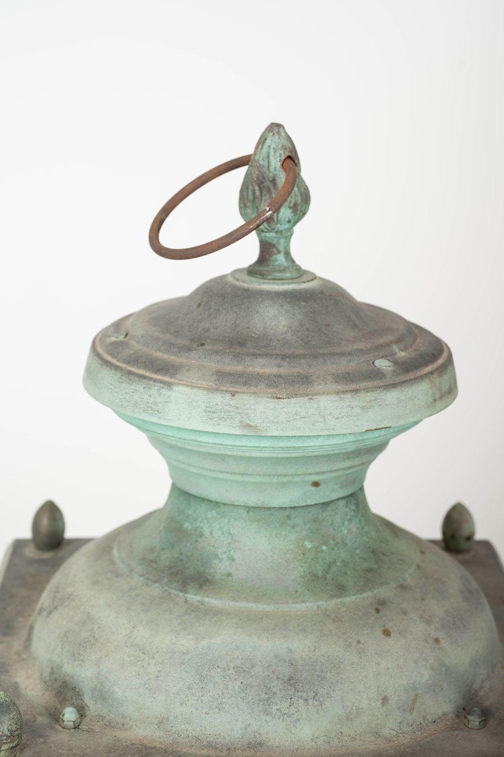 Antique Italian glass paneled copper and iron lantern circa 1900-1909. Not wired.