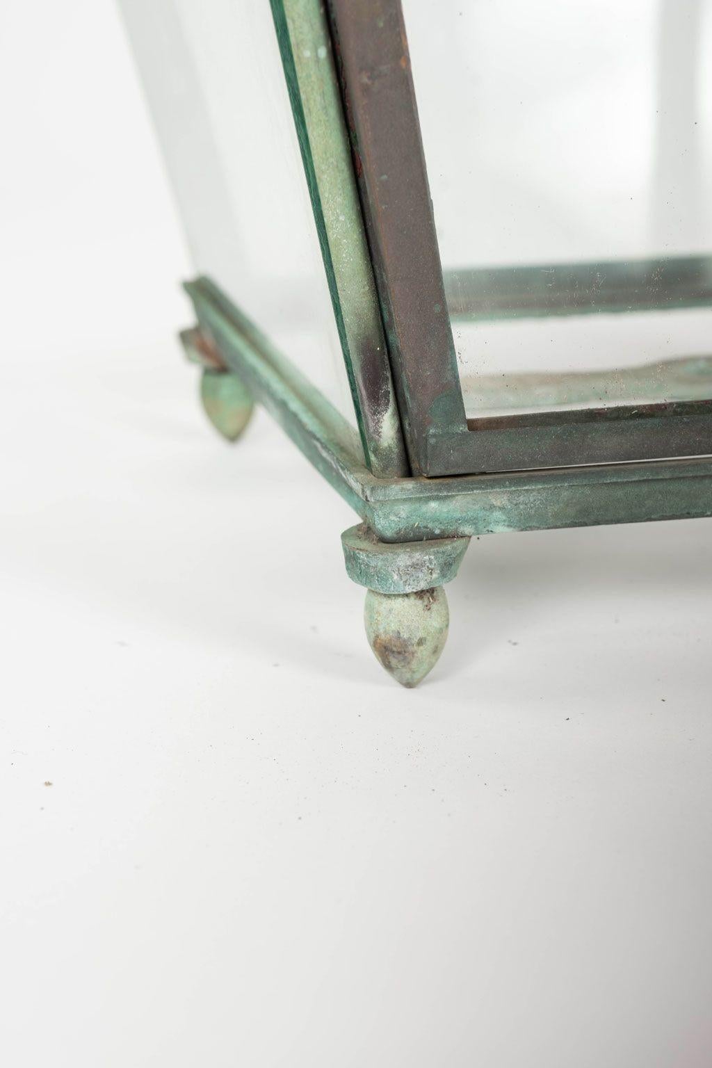 Cast Antique Italian Glass Paneled Copper and Iron Lantern