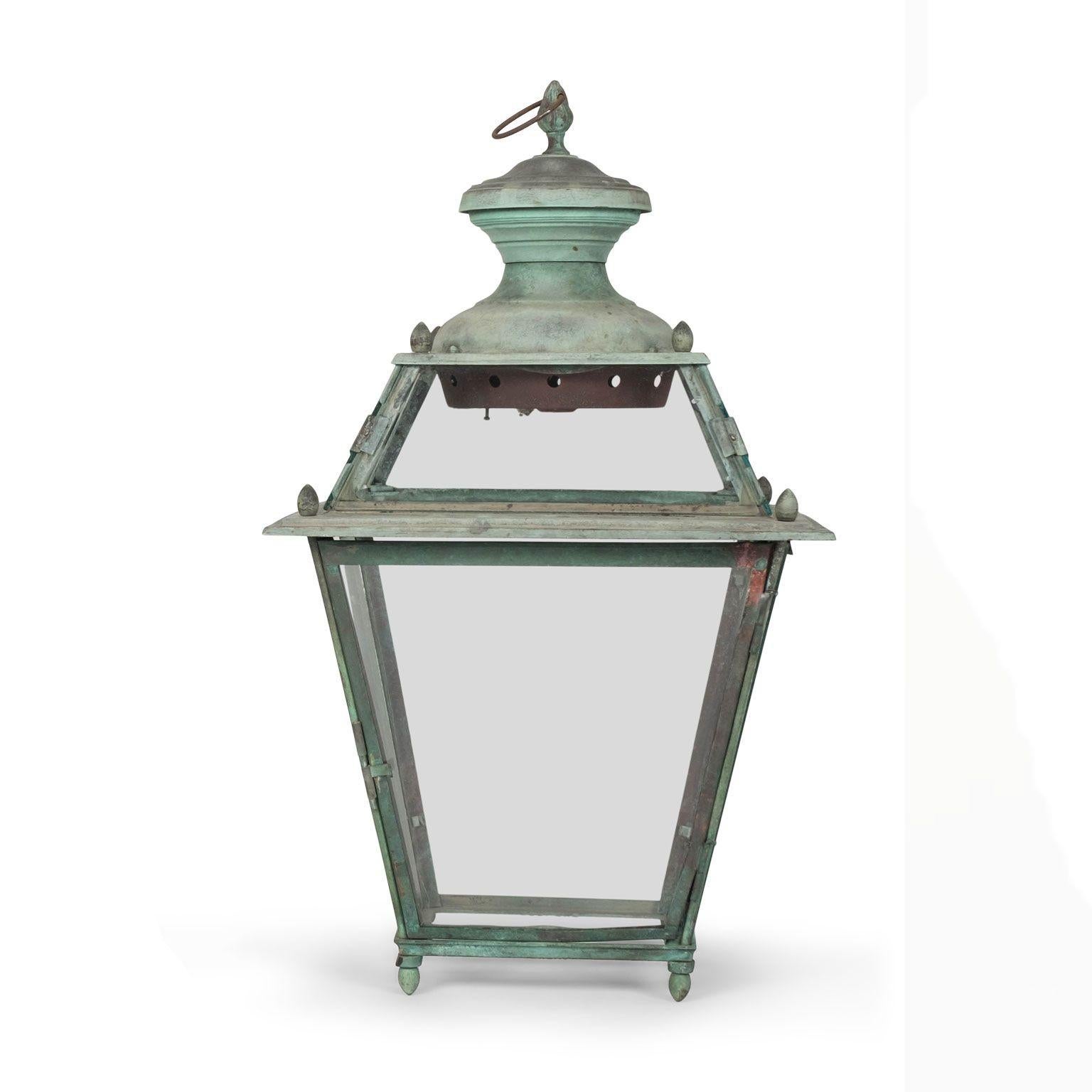 Cast Antique Italian Glass Paneled Copper and Iron Lantern