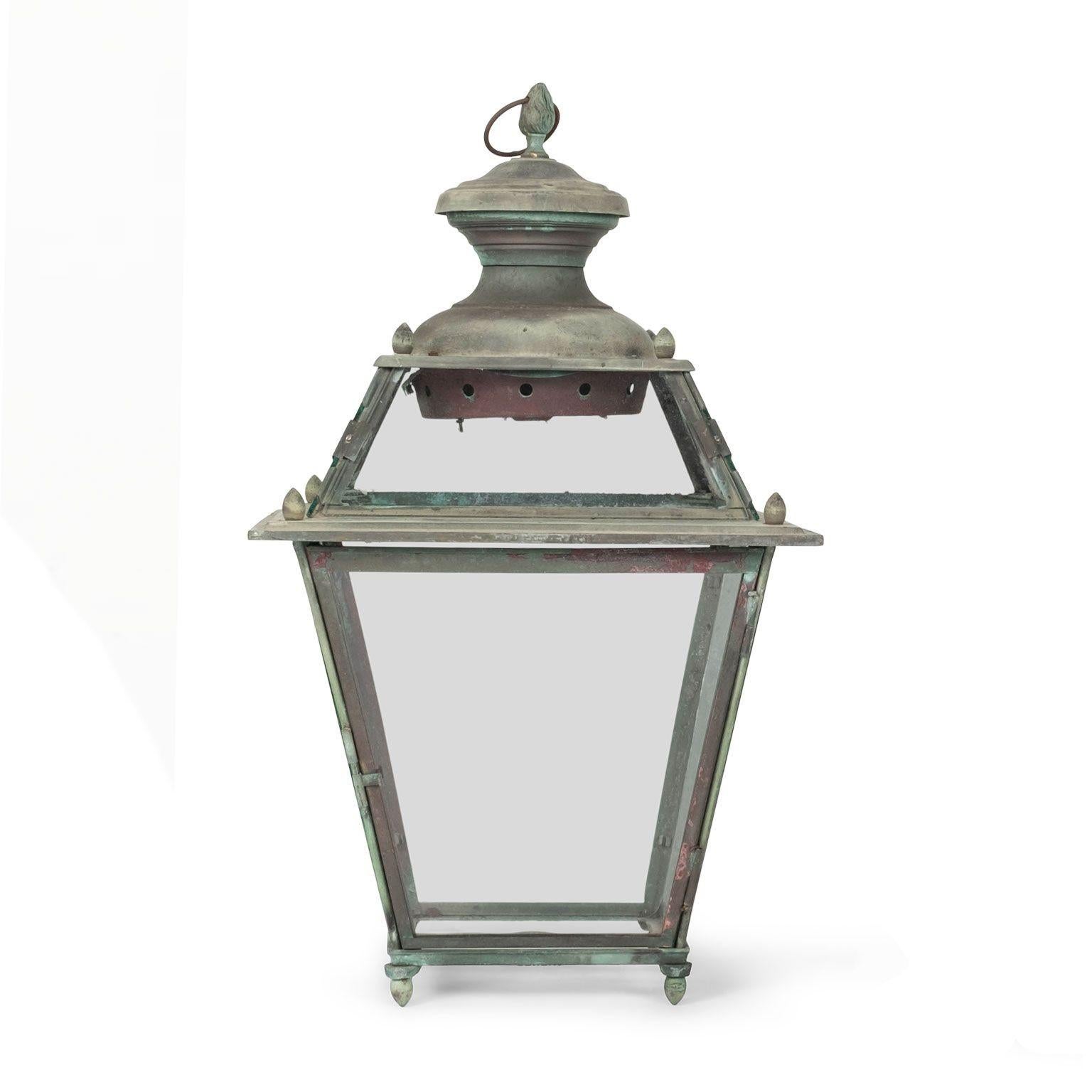 Antique Italian Glass Paneled Copper and Iron Lantern In Good Condition In Houston, TX