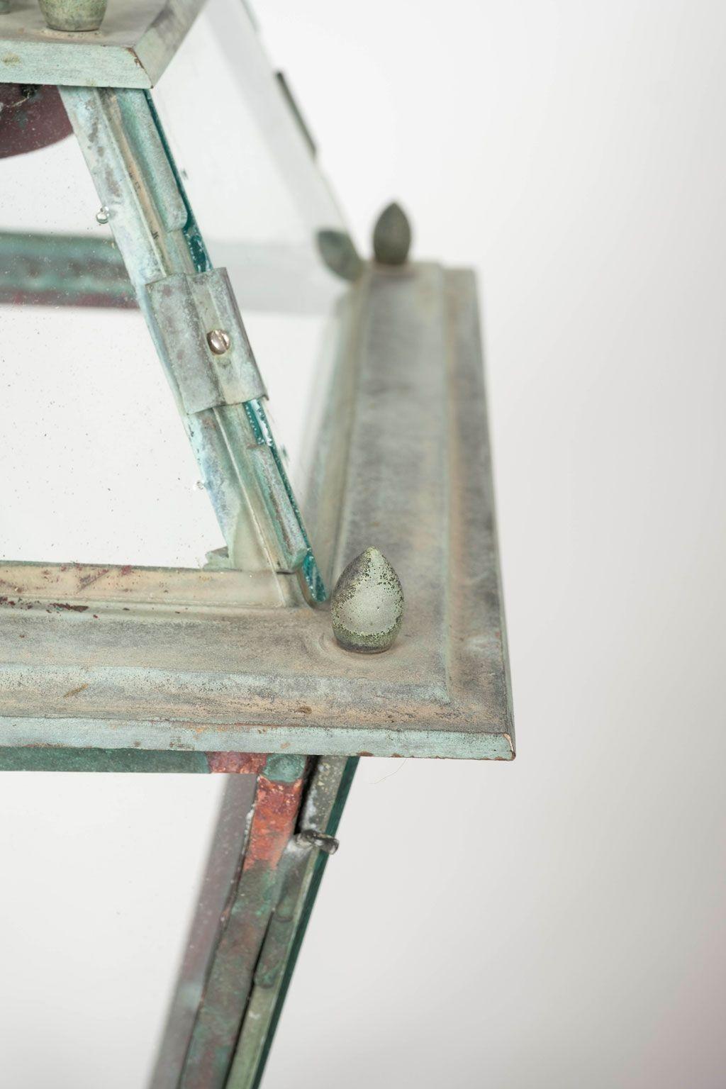 Antique Italian Glass Paneled Copper and Iron Lantern In Good Condition In Houston, TX