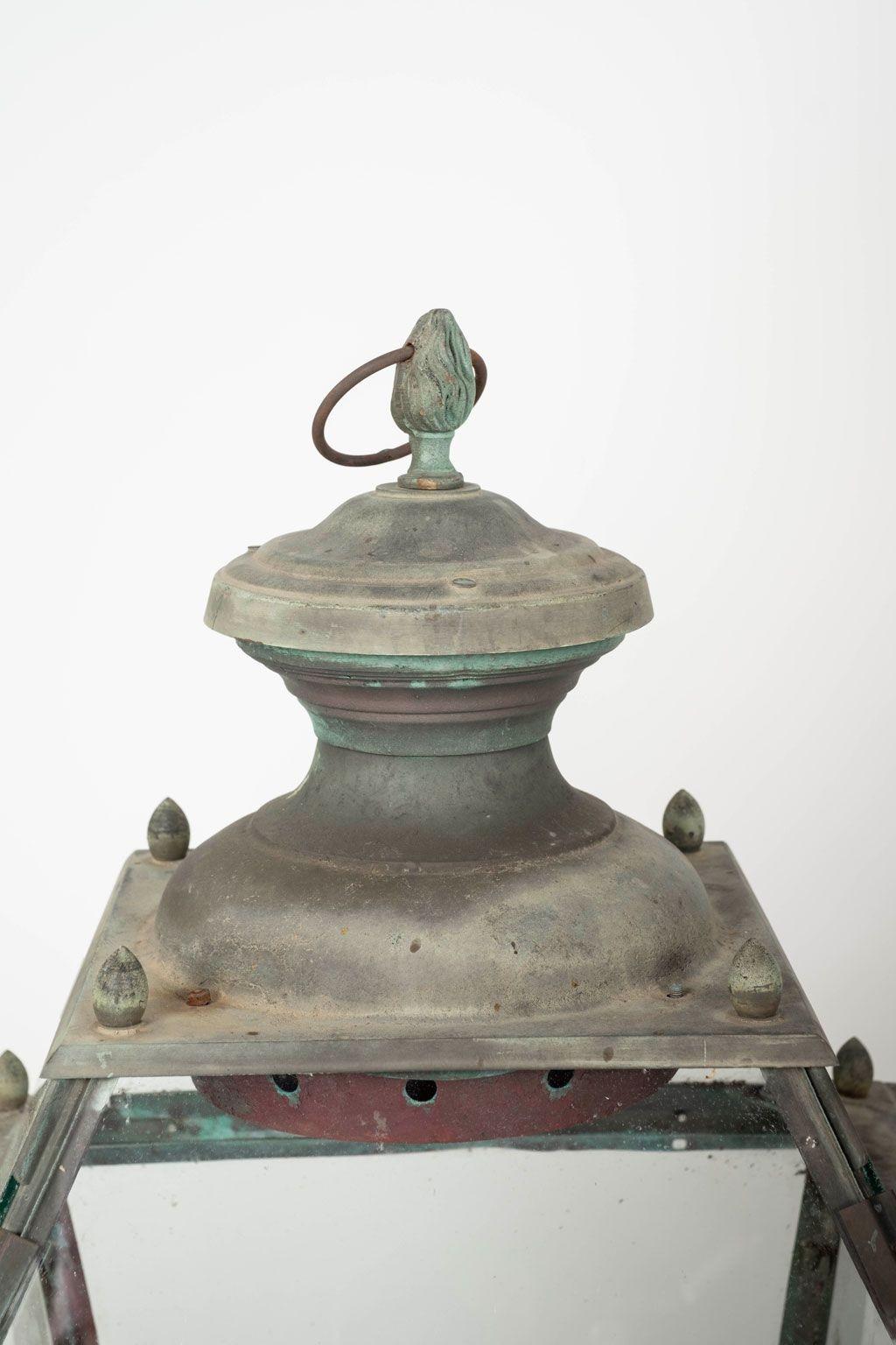 Early 20th Century Antique Italian Glass Paneled Copper and Iron Lantern