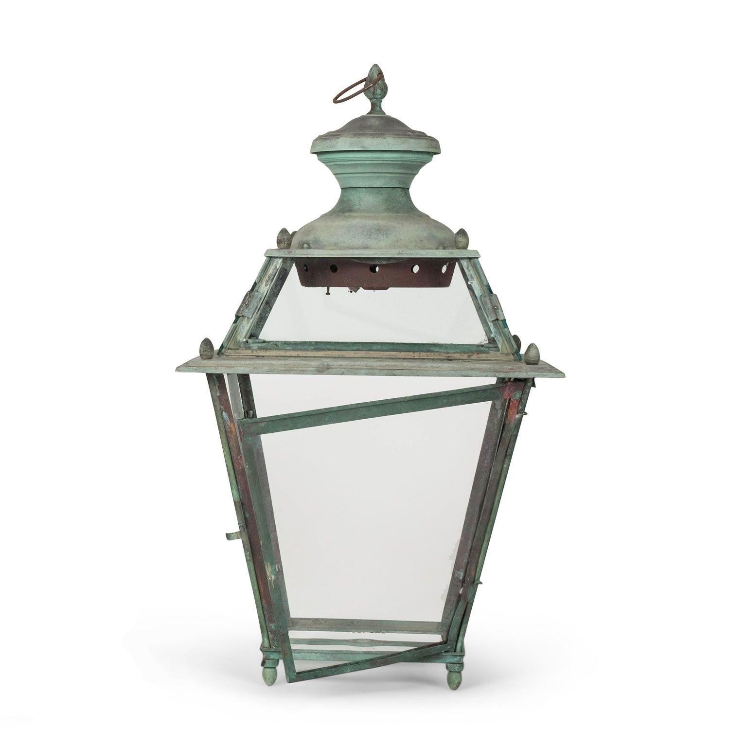 Early 20th Century Antique Italian Glass Paneled Copper and Iron Lantern