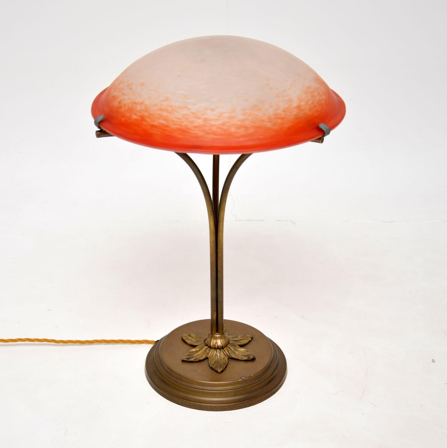 Brass Antique French Glass Table Lamp by Charles Schneider