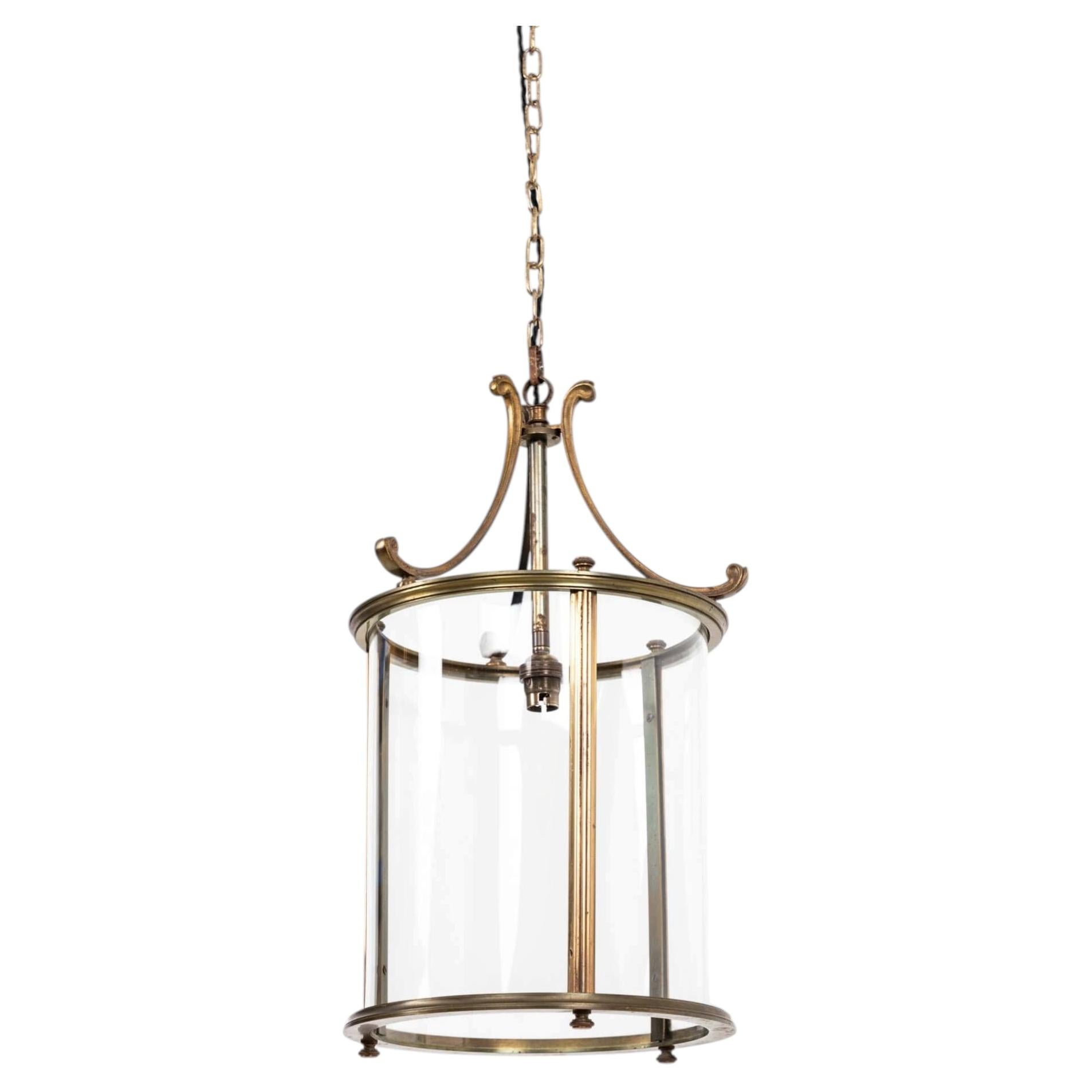 Antique French Glazed Brass Porch Hall Lantern Light Lamp C.1920