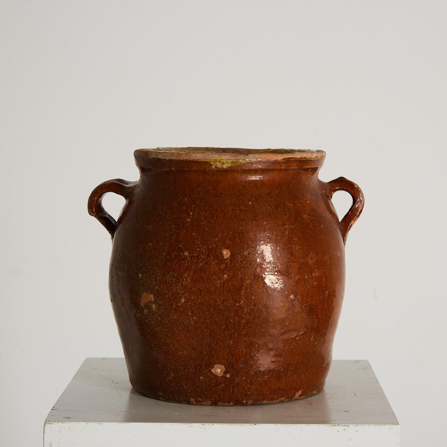 Rustique Ancien pot de rangement français émaillé avec poignées, 1900 en vente