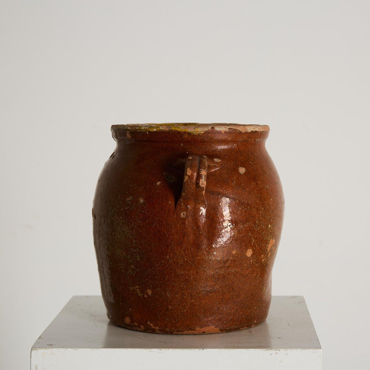 Vernissé Ancien pot de rangement français émaillé avec poignées, 1900 en vente