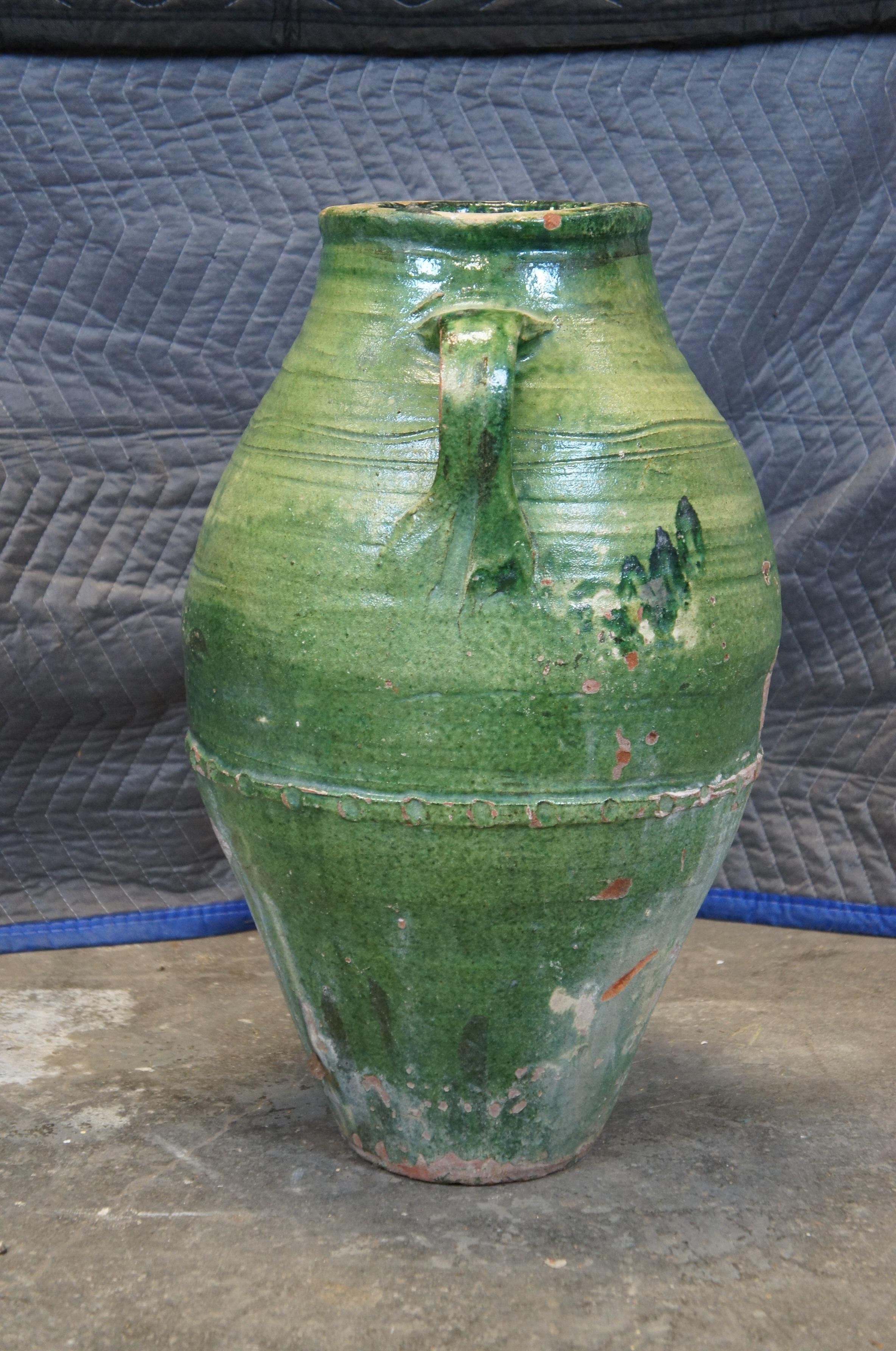 Ancienne Terre cuite française émaillée Olive Jug Floor Vase Amphora Urn Vessel 24