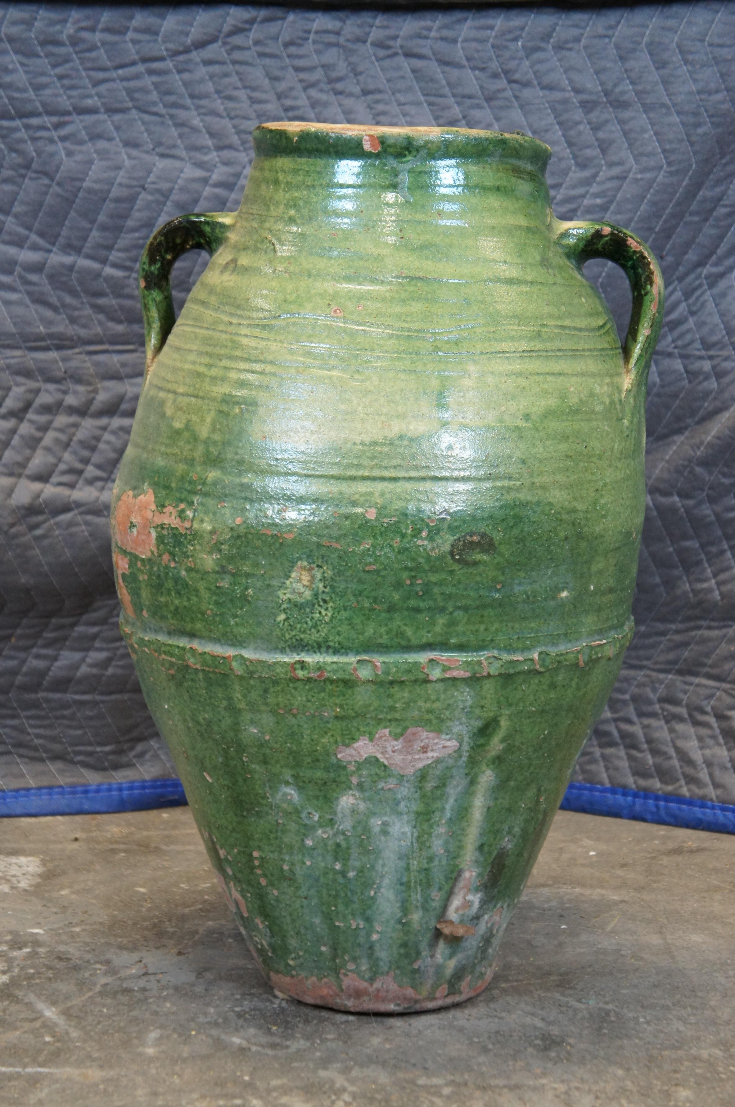 Ancienne Terre cuite française émaillée Olive Jug Floor Vase Amphora Urn Vessel 24