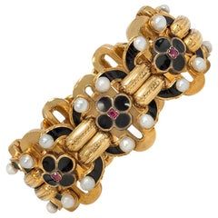 Antique French Gold and Enamel Bracelet with Ruby and Pearl Accents