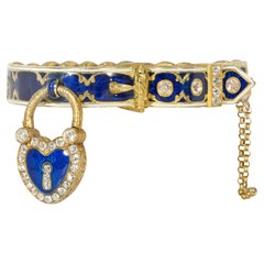 Antique French Gold, Blue Enamel, and Diamond Buckle and Heart Padlock Bracelet